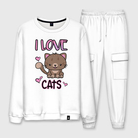 Мужской костюм хлопок с принтом I Love Cats в Ухте, 100% хлопок | на свитшоте круглая горловина, мягкая резинка по низу. Брюки заужены к низу, на них два вида карманов: два “обычных” по бокам и два объемных, с клапанами, расположенные ниже линии бедра. Брюки с мягкой трикотажной резинкой на поясе и по низу штанин. В поясе для дополнительного комфорта — широкие завязки | animal | cat | cute | kitty | love | meow любовь | друг | животные | киска | китти | кот | котенок | котик | котэ | кошечка | кошка | милый | мур | мяу | питомец