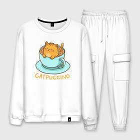 Мужской костюм хлопок с принтом Catpuccino в Ухте, 100% хлопок | на свитшоте круглая горловина, мягкая резинка по низу. Брюки заужены к низу, на них два вида карманов: два “обычных” по бокам и два объемных, с клапанами, расположенные ниже линии бедра. Брюки с мягкой трикотажной резинкой на поясе и по низу штанин. В поясе для дополнительного комфорта — широкие завязки | animal | cat | cute | kitty | meow | друг | животные | киска | китти | кот | котенок | котик | котэ | кошечка | кошка | милый | мур | мяу | питомец