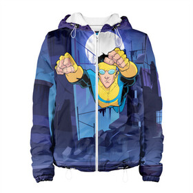 Женская куртка 3D с принтом Марк Грэйсон Неуязвимый в Ухте, ткань верха — 100% полиэстер, подклад — флис | прямой крой, подол и капюшон оформлены резинкой с фиксаторами, два кармана без застежек по бокам, один большой потайной карман на груди. Карман на груди застегивается на липучку | damien darkblood | invincible | superman | марк грэйсон | мультсериал | неуязвимый | супергерой