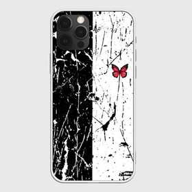 Чехол для iPhone 12 Pro с принтом ЧБ ГРАНЖ RED BUTTERFLY (Z) в Ухте, силикон | область печати: задняя сторона чехла, без боковых панелей | Тематика изображения на принте: abstract | geometry | geometry stripes | grunge | red butterfly | texture | абстракция | бабочка | брызги | геометрические полосы | геометрия | гранж | краска | красная бабочка | потертости | текстура