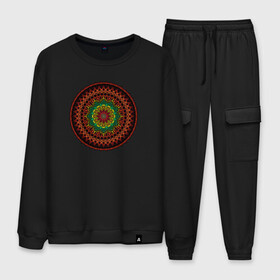 Мужской костюм хлопок с принтом Мандала в Ухте, 100% хлопок | на свитшоте круглая горловина, мягкая резинка по низу. Брюки заужены к низу, на них два вида карманов: два “обычных” по бокам и два объемных, с клапанами, расположенные ниже линии бедра. Брюки с мягкой трикотажной резинкой на поясе и по низу штанин. В поясе для дополнительного комфорта — широкие завязки | дзен | круг | мантра | узор