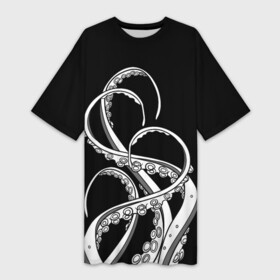 Платье-футболка 3D с принтом Octopus Black and White в Ухте,  |  | fish | kraken | ocean spirit | octopus | sea | summer | вода | водный мир | животные | зверь | кальмар | кракен | лето | монстр | море | морская живность | морские обитатели | осьминог | отпуск | рыба | черно белый | чуд