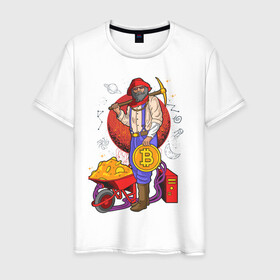 Мужская футболка хлопок с принтом КриптоМайнер в Ухте, 100% хлопок | прямой крой, круглый вырез горловины, длина до линии бедер, слегка спущенное плечо. | биткоин | деньги | золото | кирка | криптовалюта | майнер | майнинг | старик
