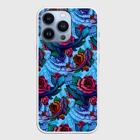 Чехол для iPhone 13 Pro с принтом Киты и цветы в Ухте,  |  | Тематика изображения на принте: whale | белый кит | кит | киты | морские | паттерн | синий кит