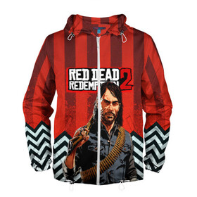 Мужская ветровка 3D с принтом Бандит дикого запада RDR 2 в Ухте, 100% полиэстер | подол и капюшон оформлены резинкой с фиксаторами, два кармана без застежек по бокам, один потайной карман на груди | Тематика изображения на принте: game | red dead | red dead redemption 2 | redemption 2 | rockstar games | бандиты | дикий запад | игры | ковбои | оружие