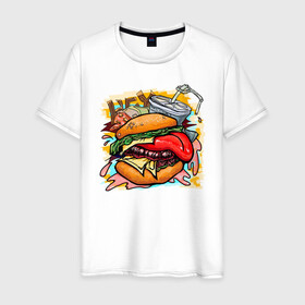 Мужская футболка хлопок с принтом Hey, Burger!  в Ухте, 100% хлопок | прямой крой, круглый вырез горловины, длина до линии бедер, слегка спущенное плечо. | burger | вредная еда | гамбургер | иллюстрация | напиток