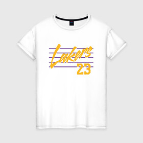 Женская футболка хлопок с принтом Lakers 23 в Ухте, 100% хлопок | прямой крой, круглый вырез горловины, длина до линии бедер, слегка спущенное плечо | basketball | bryant | game | james | kobe | lakers | lebron | los angeles | nba | sport | streetball | баскетбол | баскетболист | брайант | джеймс | игра | игрок | коби | леброн | лейкерс | лос анджелес | мяч | нба | спорт | стритбол
