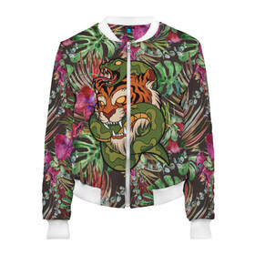 Женский бомбер 3D с принтом Тигр кусает змею в Ухте, 100% полиэстер | застегивается на молнию, по бокам два кармана без застежек, мягкие манжеты, по низу бомбера и на воротнике — эластичная резинка | битва | змея | кобра | тигр | хищники | яд