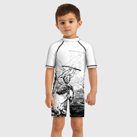 Детский купальный костюм 3D с принтом A demon on a horse в Ухте, Полиэстер 85%, Спандекс 15% | застежка на молнии на спине | винтаж | демон | дьявол | конь | лошадь | монстр | старый