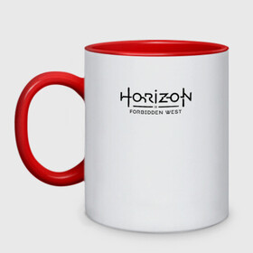 Кружка двухцветная с принтом Horizon Forbidden West в Ухте, керамика | объем — 330 мл, диаметр — 80 мм. Цветная ручка и кайма сверху, в некоторых цветах — вся внутренняя часть | Тематика изображения на принте: aloy | dawn | forbidden | horizon | west | zero | вест | нора | племя | форбидден | хорайзен | хоризон | элой
