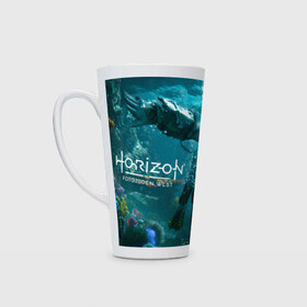 Кружка Латте с принтом Horizon Forbidden West в Ухте, Белая керамика | Объем 480 мл; Высота 150 мм; Диаметр 90 мм | Тематика изображения на принте: aloy | dawn | forbidden | horizon | west | zero | вест | нора | племя | форбидден | хорайзен | хоризон | элой