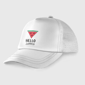Детская кепка тракер с принтом HELLO SUMMER в Ухте, Козырек - 100% хлопок. Кепка - 100% полиэстер, Задняя часть - сетка | универсальный размер, пластиковая застёжка | Тематика изображения на принте: funny | happy | hello | icecream | rainbow | romantic | summer | sun | арбуз | веселье | значки | лето | отдых | отпуск | привет | романтика | солнце | счастье | тепло