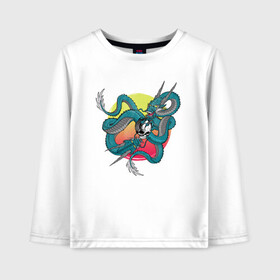 Детский лонгслив хлопок Зеленый дракон: в Ухте, 100% хлопок | круглый вырез горловины, полуприлегающий силуэт, длина до линии бедер | дракон | иллюстрация | солнце | череп | ящер