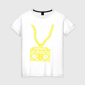 Женская футболка хлопок с принтом Золотой магнитофон на цепи в Ухте, 100% хлопок | прямой крой, круглый вырез горловины, длина до линии бедер, слегка спущенное плечо | бумбокс | золотая цепь | золото | магнитофон | музыка | цепь