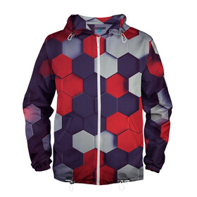 Мужская ветровка 3D с принтом РАЗНОЦВЕТНЫЕ СОТЫ 3D в Ухте, 100% полиэстер | подол и капюшон оформлены резинкой с фиксаторами, два кармана без застежек по бокам, один потайной карман на груди | абстракция | иллюстрация | искусство | культура | соты | текстура | тени | узор | фигура | шестиугольник