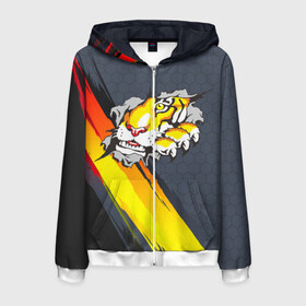 Мужская толстовка 3D на молнии с принтом Тигр разрывает изнутри в Ухте, 100% полиэстер | длина до линии бедра, манжеты и пояс оформлены мягкой тканевой резинкой, двухслойный капюшон со шнурком для регулировки, спереди молния, по бокам два кармана | дыра | дырка | крупная кошка | разрывает | тигр | тигрица