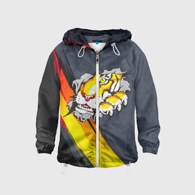 Детская ветровка 3D с принтом Тигр разрывает изнутри в Ухте, 100% полиэстер | подол и капюшон оформлены резинкой с фиксаторами, по бокам два кармана без застежек, один потайной карман на груди | дыра | дырка | крупная кошка | разрывает | тигр | тигрица