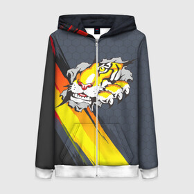 Женская толстовка 3D на молнии с принтом Тигр разрывает изнутри в Ухте, 100% полиэстер | длина до линии бедра, манжеты и пояс оформлены мягкой тканевой резинкой, двухслойный капюшон со шнурком для регулировки, спереди молния, по бокам два кармана | дыра | дырка | крупная кошка | разрывает | тигр | тигрица