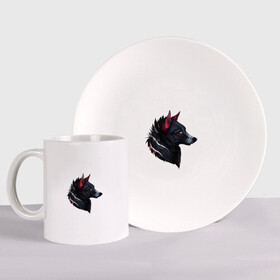 Набор: тарелка + кружка с принтом Черный волк в Ухте, керамика | Кружка: объем — 330 мл, диаметр — 80 мм. Принт наносится на бока кружки, можно сделать два разных изображения. 
Тарелка: диаметр - 210 мм, диаметр для нанесения принта - 120 мм. | волк | черная шерсть | черный волк | шерсть | шрамы