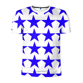 Мужская футболка 3D спортивная с принтом Синие звёзды на белом фоне в Ухте, 100% полиэстер с улучшенными характеристиками | приталенный силуэт, круглая горловина, широкие плечи, сужается к линии бедра | звёзды | синие звёзды | синие звёзды на белом фоне