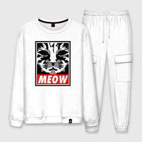 Мужской костюм хлопок с принтом Meow Obey в Ухте, 100% хлопок | на свитшоте круглая горловина, мягкая резинка по низу. Брюки заужены к низу, на них два вида карманов: два “обычных” по бокам и два объемных, с клапанами, расположенные ниже линии бедра. Брюки с мягкой трикотажной резинкой на поясе и по низу штанин. В поясе для дополнительного комфорта — широкие завязки | animal | cat | cute | kitty | meow | obey | друг | животные | киска | кися | китти | кот | котенок | котик | котэ | кошечка | кошка | мур | мяу | питомец