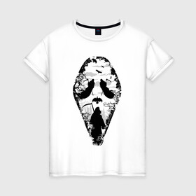 Женская футболка хлопок с принтом Крик в Ухте, 100% хлопок | прямой крой, круглый вырез горловины, длина до линии бедер, слегка спущенное плечо | арт | графика | коса | лес | маска | ужасы | череп