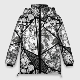 Женская зимняя куртка Oversize с принтом Цветочный Кинцуги / Kintsugi в Ухте, верх — 100% полиэстер; подкладка — 100% полиэстер; утеплитель — 100% полиэстер | длина ниже бедра, силуэт Оверсайз. Есть воротник-стойка, отстегивающийся капюшон и ветрозащитная планка. 

Боковые карманы с листочкой на кнопках и внутренний карман на молнии | kintsugi | кинцуги | разбитый | трещины | флора | флоральный | цветочный | цветы | чб | черно белый