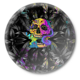 Значок с принтом Череп Психоделика в Ухте,  металл | круглая форма, металлическая застежка в виде булавки | листва | психоделика | тренды | череп