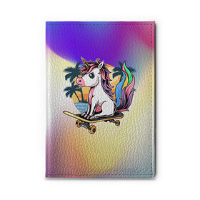 Обложка для автодокументов с принтом Поня в Ухте, натуральная кожа |  размер 19,9*13 см; внутри 4 больших “конверта” для документов и один маленький отдел — туда идеально встанут права | арт | графика | единорог | животные | звери | лето | пальмы | пони | скейт