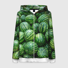 Женская толстовка 3D на молнии Арбузы: в Ухте, 100% полиэстер | длина до линии бедра, манжеты и пояс оформлены мягкой тканевой резинкой, двухслойный капюшон со шнурком для регулировки, спереди молния, по бокам два кармана | арбуз | арбузы | зеленый | много | текстура | фрукт | ягода