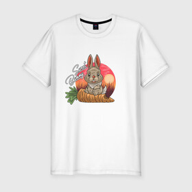 Мужская футболка хлопок Slim с принтом Sweet Bunny в Ухте, 92% хлопок, 8% лайкра | приталенный силуэт, круглый вырез ворота, длина до линии бедра, короткий рукав | Тематика изображения на принте: закат | иллюстрация | крольченок | морковь | сладкий кролик