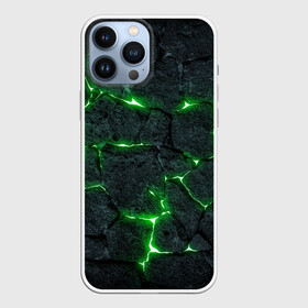 Чехол для iPhone 13 Pro Max с принтом ЗЕЛЁНОЕ ИЗЛУЧЕНИЕ в Ухте,  |  | Тематика изображения на принте: иллюстрация | камни | неон | свечение | текстура | трещина | щель
