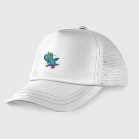 Детская кепка тракер с принтом Дино малыш в Ухте, Козырек - 100% хлопок. Кепка - 100% полиэстер, Задняя часть - сетка | универсальный размер, пластиковая застёжка | Тематика изображения на принте: арт | дино | иллюстрация | малыш | тирекс