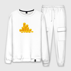 Мужской костюм хлопок с принтом Золотые Монеты в Ухте, 100% хлопок | на свитшоте круглая горловина, мягкая резинка по низу. Брюки заужены к низу, на них два вида карманов: два “обычных” по бокам и два объемных, с клапанами, расположенные ниже линии бедра. Брюки с мягкой трикотажной резинкой на поясе и по низу штанин. В поясе для дополнительного комфорта — широкие завязки | деньги | золото | золотые монеты | монеты | рисунок