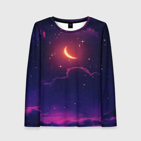 Женский лонгслив 3D с принтом СКАЗОЧНАЯ НОЧЬ в Ухте, 100% полиэстер | длинные рукава, круглый вырез горловины, полуприлегающий силуэт | звёзды | космос | луна | мир | ночь | облака