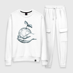 Женский костюм хлопок с принтом Мир в руках в Ухте, 100% хлопок | на свитшоте круглая горловина, мягкая резинка по низу. Брюки заужены к низу, на них два вида карманов: два 