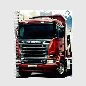 Тетрадь с принтом SCANIA Дальнобой в Ухте, 100% бумага | 48 листов, плотность листов — 60 г/м2, плотность картонной обложки — 250 г/м2. Листы скреплены сбоку удобной пружинной спиралью. Уголки страниц и обложки скругленные. Цвет линий — светло-серый
 | Тематика изображения на принте: грузовик | грузоперевозки | дальнобойщик | евро трак симулятор | машина. | тягач | фура
