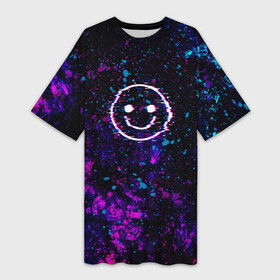 Платье-футболка 3D с принтом GLITCH SMILE | ГЛИТЧ СМАЙЛ в Ухте,  |  | abstraction | art | dark smile | glitch | halloween | pop art | smile | абстракция | арт | брызги | глитч | глич | краска | мода | прикольная | прикольные | смайл | смайлик | текстура | тренд | тренды | улыбка | яркие