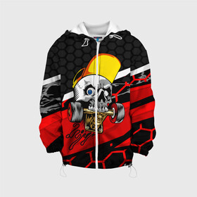 Детская куртка 3D с принтом Череп со скейтом в Ухте, 100% полиэстер | застежка — молния, подол и капюшон оформлены резинкой с фиксаторами, по бокам — два кармана без застежек, один потайной карман на груди, плотность верхнего слоя — 90 г/м2; плотность флисового подклада — 260 г/м2 | extreme | скейт | скейтер | скелет | скорость | череп | экстрим