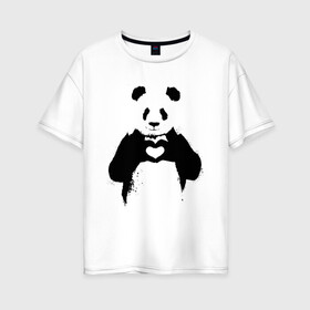 Женская футболка хлопок Oversize с принтом ПАНДА ЛАЙК / ЛЮБОВЬ / PANDA LOVE в Ухте, 100% хлопок | свободный крой, круглый ворот, спущенный рукав, длина до линии бедер
 | heart | like | likes | love | paints | panda | брызги | животные | звери | краски | лайк | лайки | любовь | панда | сердечко | чб | чёрно белое