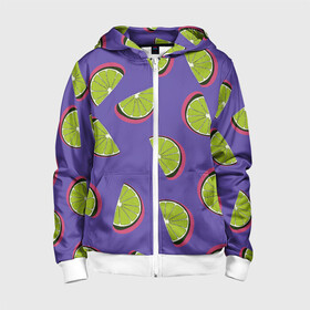 Детская толстовка 3D на молнии с принтом Лаймы в Ухте, 100% полиэстер |  манжеты и пояс оформлены широкой мягкой резинкой, двухслойный капюшон со шнурком для регулировки, спереди карманы и застежка-молния
 | зелёная | лайм | фиолетовая | фрукты | цитрус