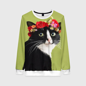 Женский свитшот 3D Кот и цветы: в Ухте, 100% полиэстер с мягким внутренним слоем | круглый вырез горловины, мягкая резинка на манжетах и поясе, свободная посадка по фигуре | cat | домашние животные | кот | коты | кошка | кошки | цветы | черный кот