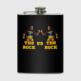 Фляга с принтом The ROCK VS The ROCK в Ухте, металлический корпус | емкость 0,22 л, размер 125 х 94 мм. Виниловая наклейка запечатывается полностью | versus | двойники | дуэйн джонсон | жёлтый | пояс | скала против скалы | чёрный