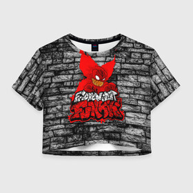Женская футболка Crop-top 3D с принтом Friday Night Funkin TrickyWall в Ухте, 100% полиэстер | круглая горловина, длина футболки до линии талии, рукава с отворотами | Тематика изображения на принте: black | brick | character | clown | demon | fire | fnf | friday night funkin | red | tricky | white | белый | буквы | демон | игра | картинка | кирпич | клоун | красный | логотип | микрофон | огонь | персонаж | рисовка | трещины | трики | фра