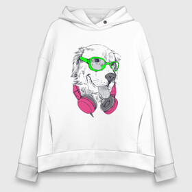 Женское худи Oversize хлопок с принтом Крутая Собака в Наушниках! в Ухте, френч-терри — 70% хлопок, 30% полиэстер. Мягкий теплый начес внутри —100% хлопок | боковые карманы, эластичные манжеты и нижняя кромка, капюшон на магнитной кнопке | арт | наушники | очки | пёс | пухнастик | собака | шерстяной.
