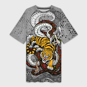 Платье-футболка 3D с принтом Змея и Тигр|Tiger Snake Fight в Ухте,  |  | beast | борьба | животные | зверь | змея | когти | кошки | огонь | тигр | узор | чб | японский