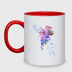 Кружка двухцветная с принтом Акварель цветы в Ухте, керамика | объем — 330 мл, диаметр — 80 мм. Цветная ручка и кайма сверху, в некоторых цветах — вся внутренняя часть | flowers | акварель | букет | синий | цветы