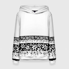 Женская толстовка 3D с принтом Черно-белый цветочный принт  в Ухте, 100% полиэстер  | двухслойный капюшон со шнурком для регулировки, мягкие манжеты на рукавах и по низу толстовки, спереди карман-кенгуру с мягким внутренним слоем. | белый | детский | для девушек | кайма | летний | ромашки | цветочный | цветы | черно белый | черный