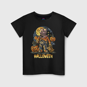 Детская футболка хлопок с принтом Halloween в Ухте, 100% хлопок | круглый вырез горловины, полуприлегающий силуэт, длина до линии бедер | halloween | holiday | jaw | moon | night | pumpkin | smile | луна | ночь | праздник | тыква | улыбка | хэллоуин
