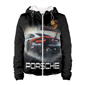 Женская куртка 3D с принтом PORSHE в Ухте, ткань верха — 100% полиэстер, подклад — флис | прямой крой, подол и капюшон оформлены резинкой с фиксаторами, два кармана без застежек по бокам, один большой потайной карман на груди. Карман на груди застегивается на липучку | 911 | auto | car | cool | dark | logo | machine | porshe | ride | sportcar | автомобили | гонки | крутые | порше | ралли | спорткар | тачки
